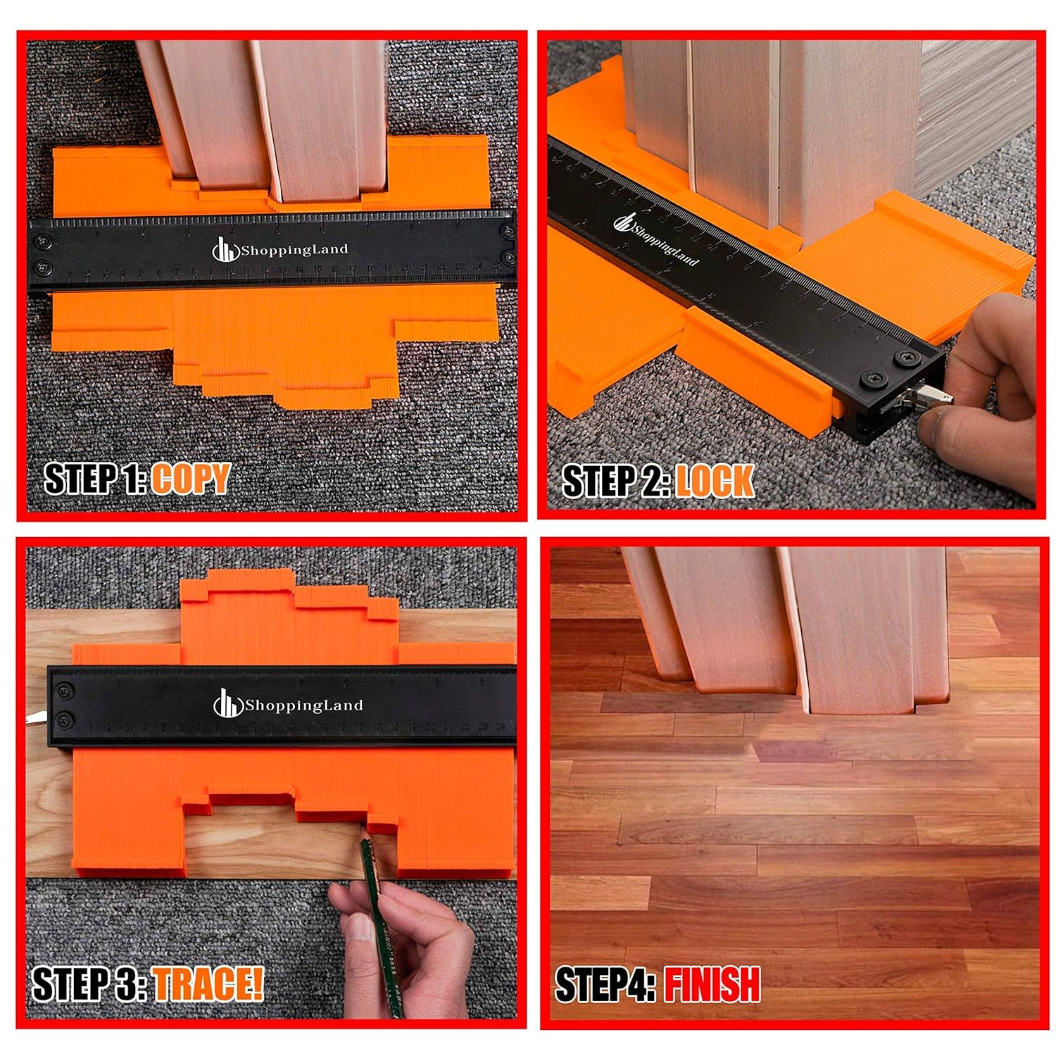 ShoppingLand Contour Gauge in use: 1 copy the shape, 2 lock, 3 trace, 4 finished cut