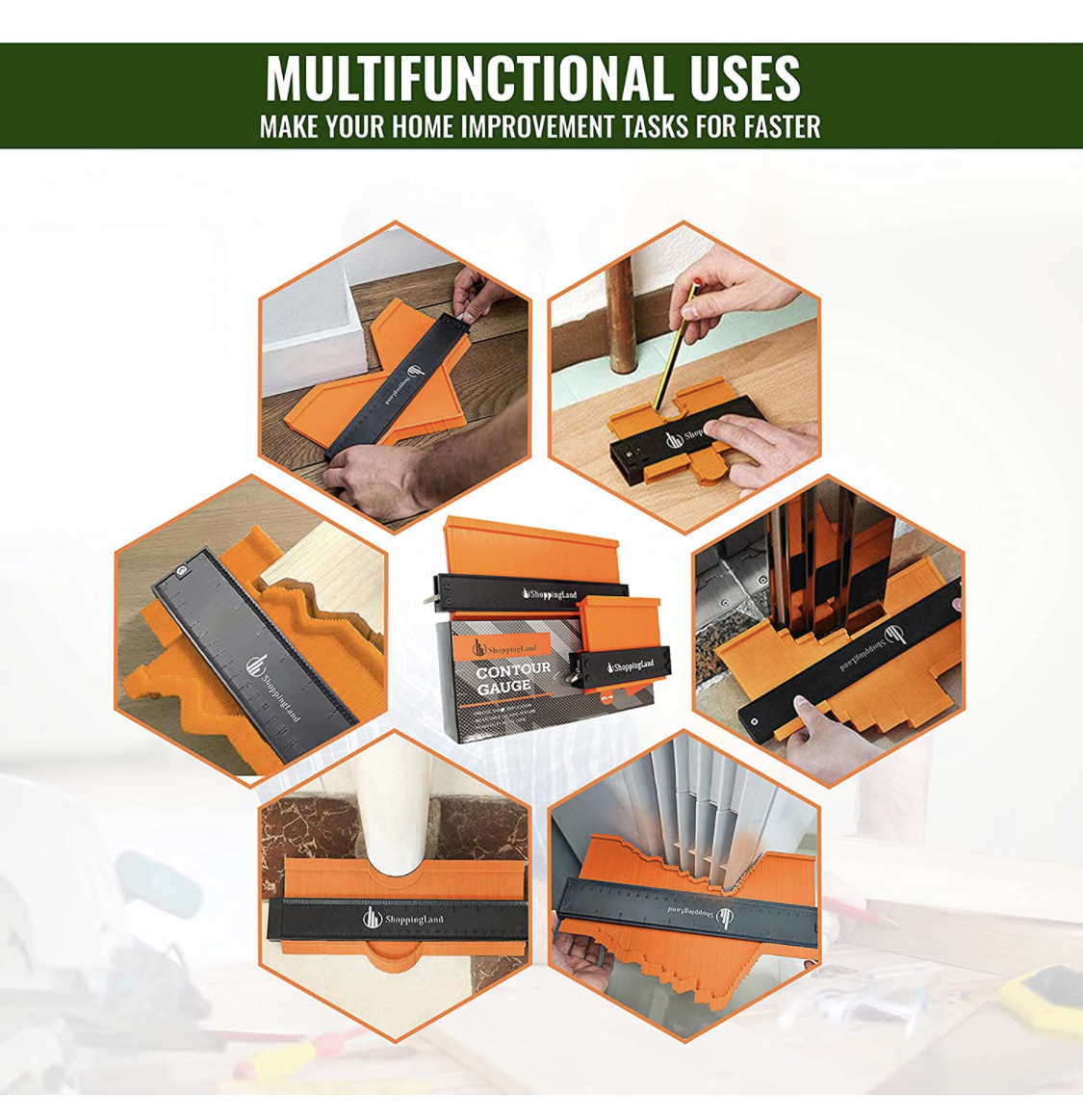 Contour gauge uses: baseboards, table legs, molding, pipes, stair treads